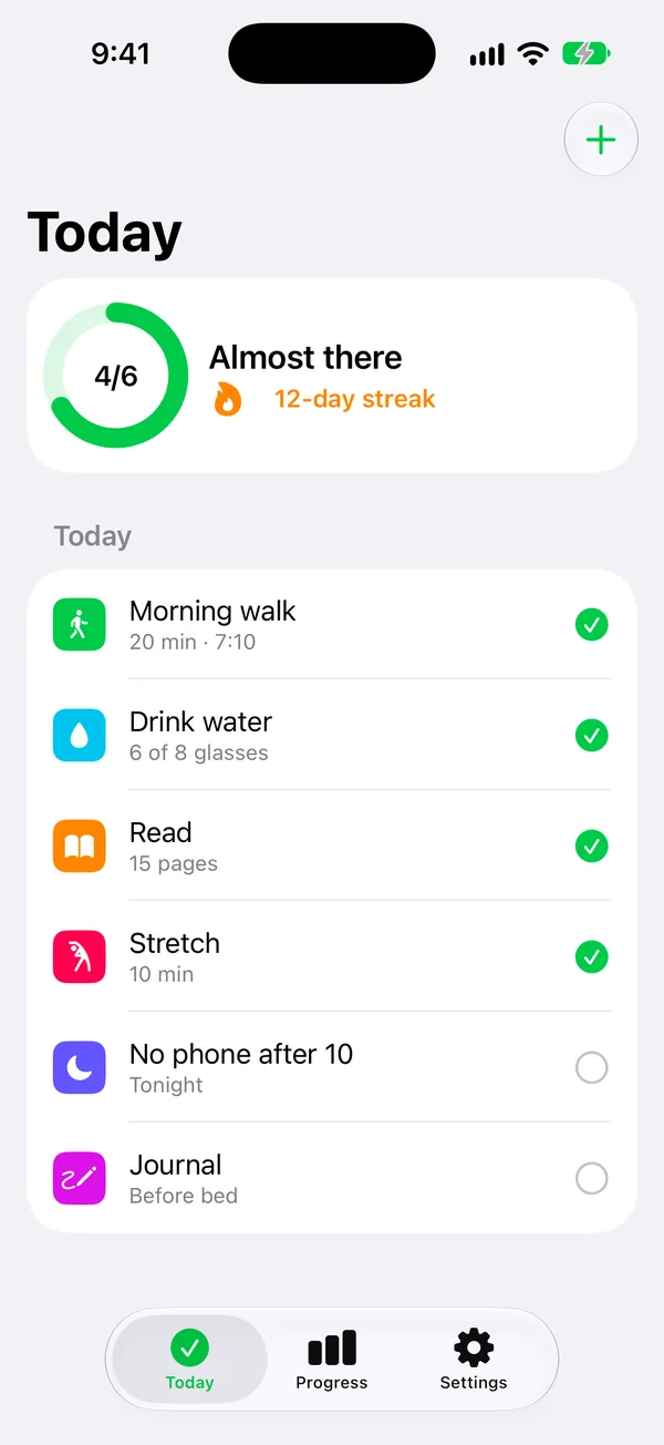 A habit tracker on a NoMac Simulator phone