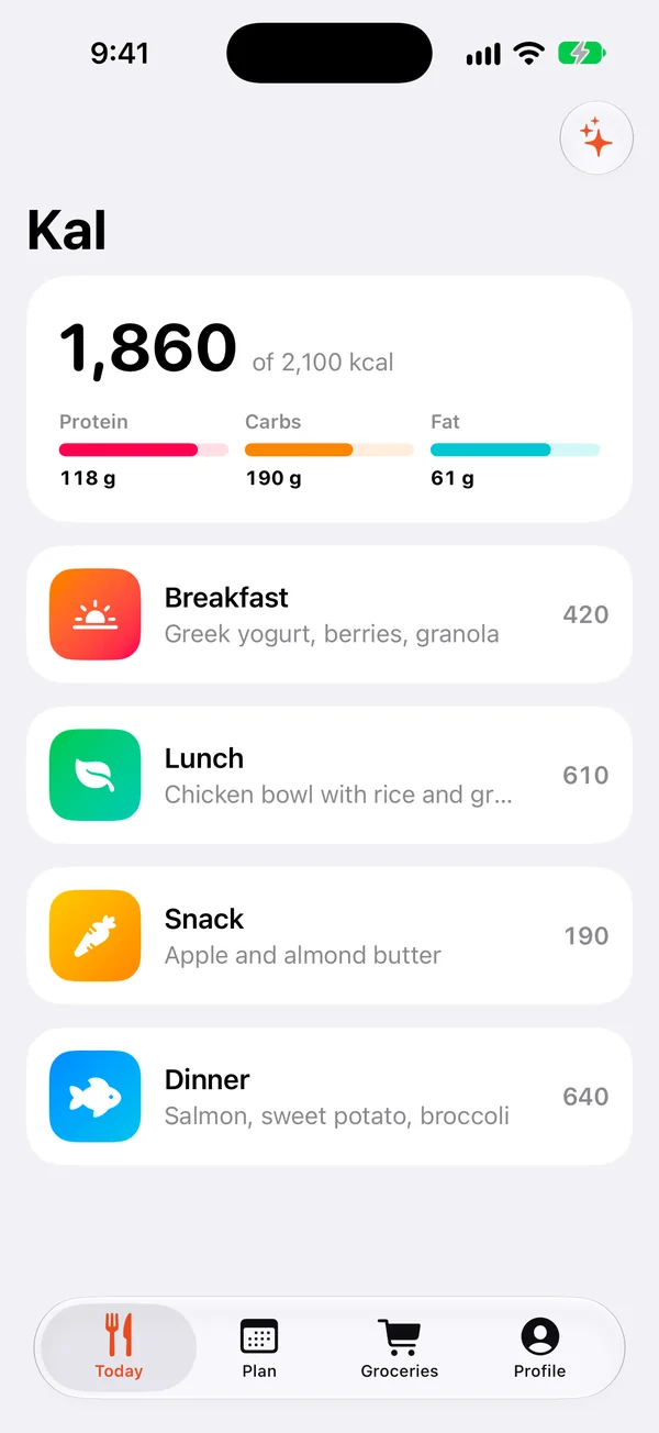 A meal planning app on a NoMac Simulator phone