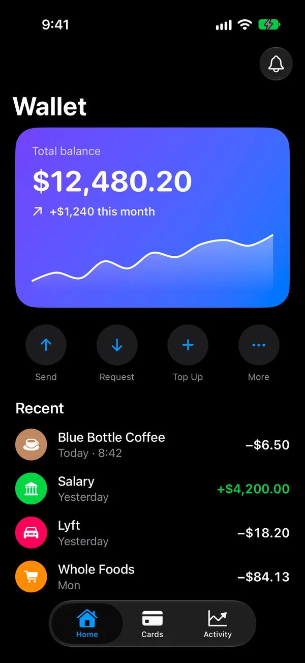 A wallet app on a NoMac Simulator phone