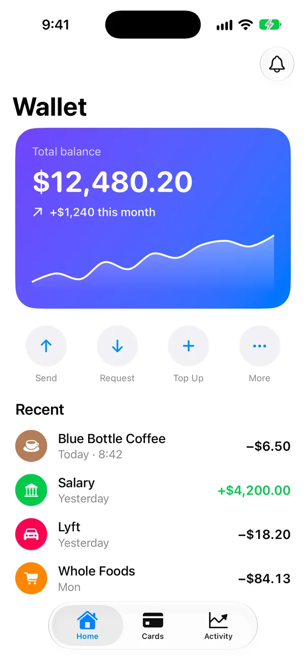 A wallet app on a NoMac Simulator phone