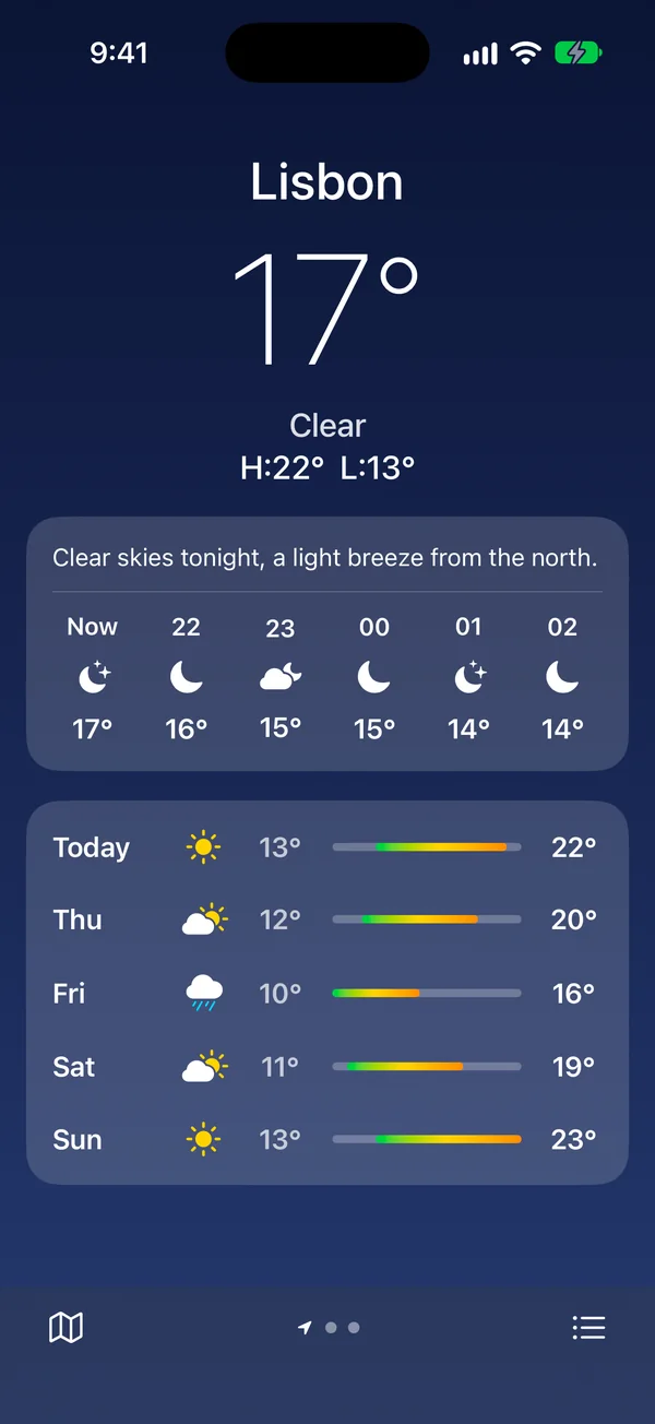 A weather app on a NoMac Simulator phone