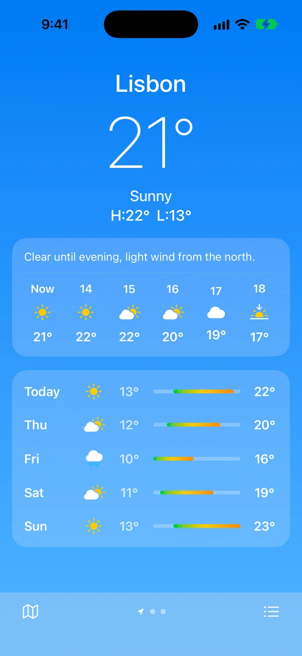 A weather app on a NoMac Simulator phone